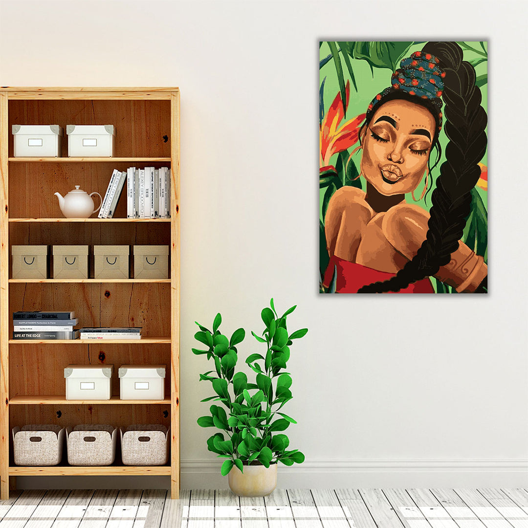 Black Woman Portrait, Afro Art With Tropical Background - Canvas Print Wall Art