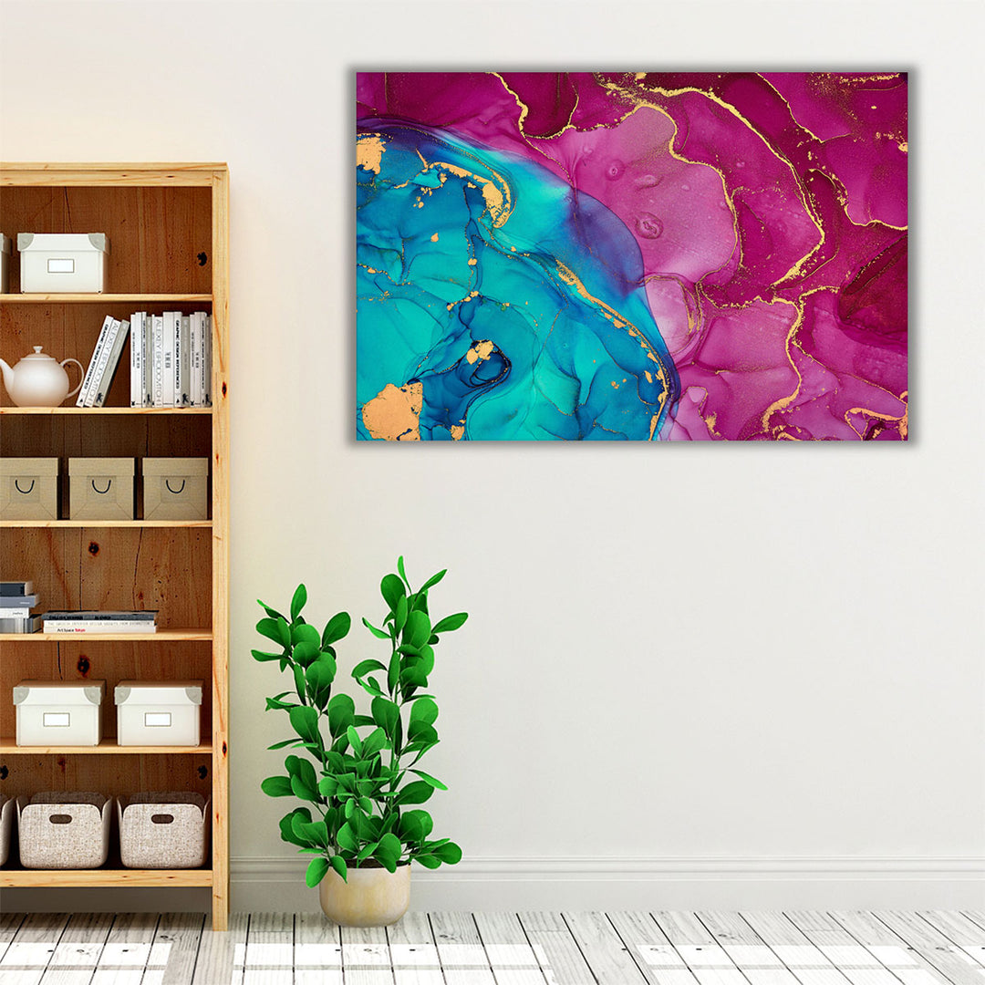 Light Blue, Pink and Gold Alcohol Ink Abstract Art - Canvas Print Wall Art