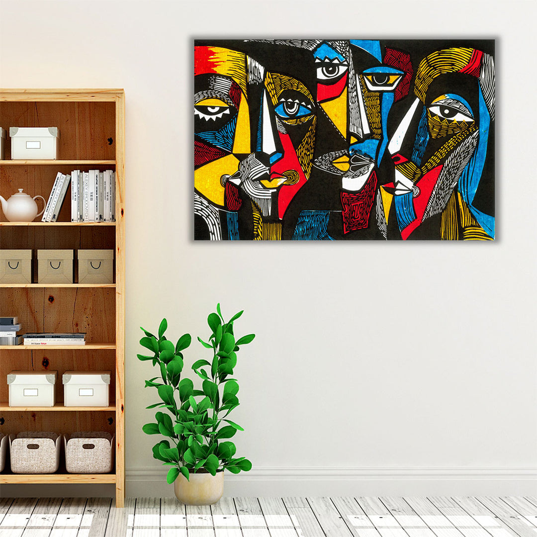 Modern illustration Abstract Art Print Linocut Style, Surreal Colored Faces - Canvas Print Wall Art