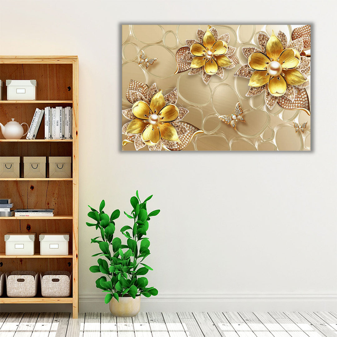 Golden Butterfly and Flower Abstract Art - Canvas Print Wall Art