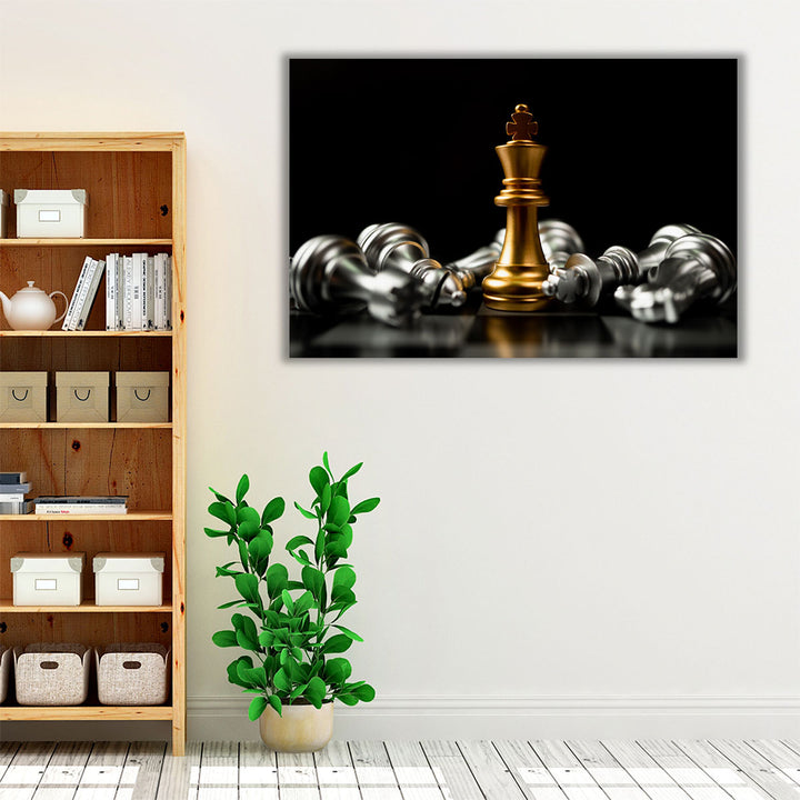 Golden King and Fallen Silver Chess Pieces - Canvas Print Wall Art