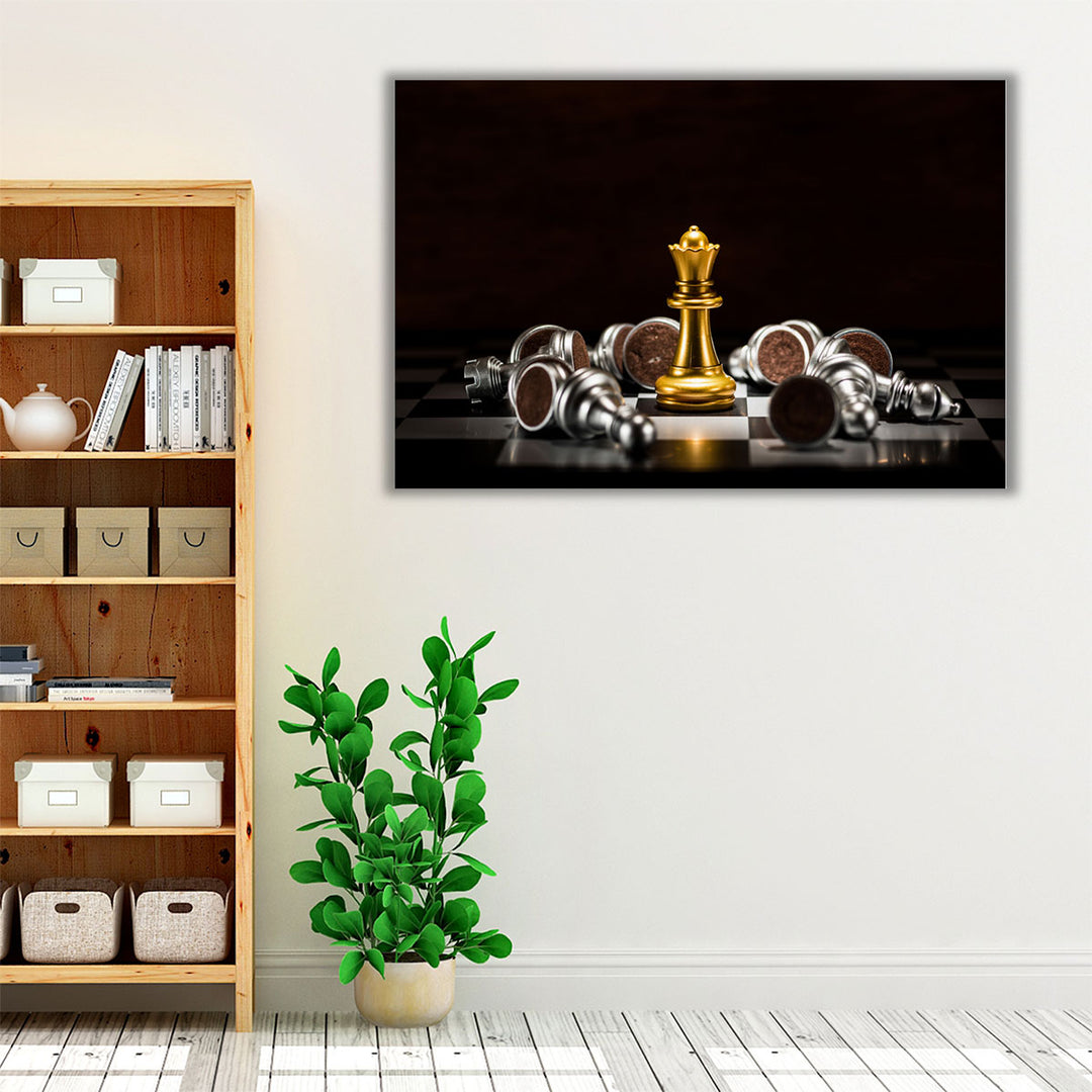 Golden Queen and Fallen Silver Chess Pieces - Canvas Print Wall Art