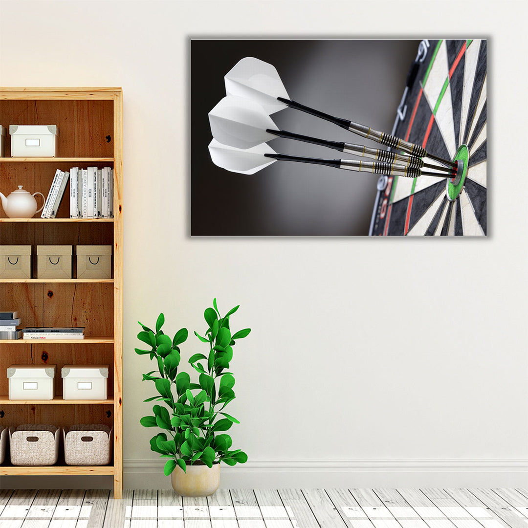 Three Darts in Bullseye of Dartboard - Canvas Print Wall Art