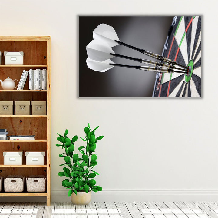 Three Darts in Bullseye of Dartboard - Canvas Print Wall Art