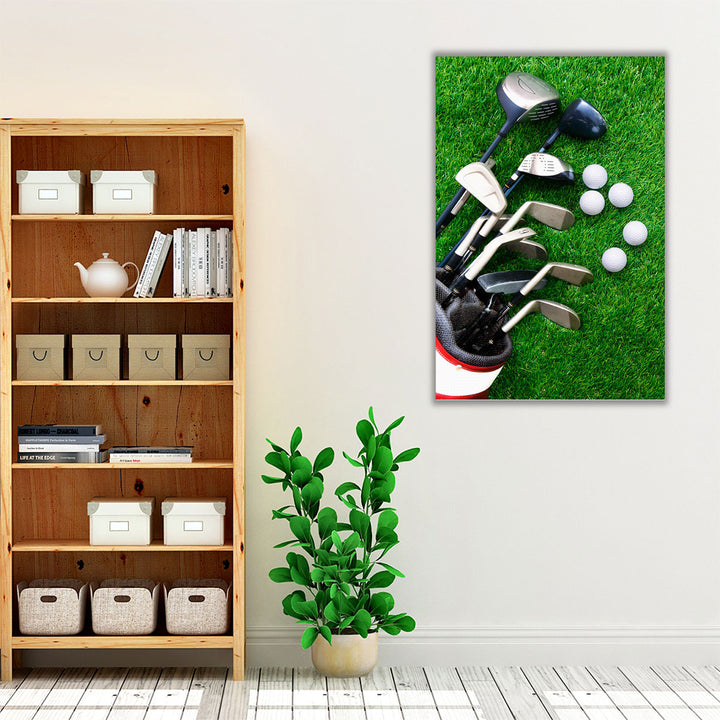 Golf Ball and Golf Club in Bag on Green Grass - Canvas Print Wall Art