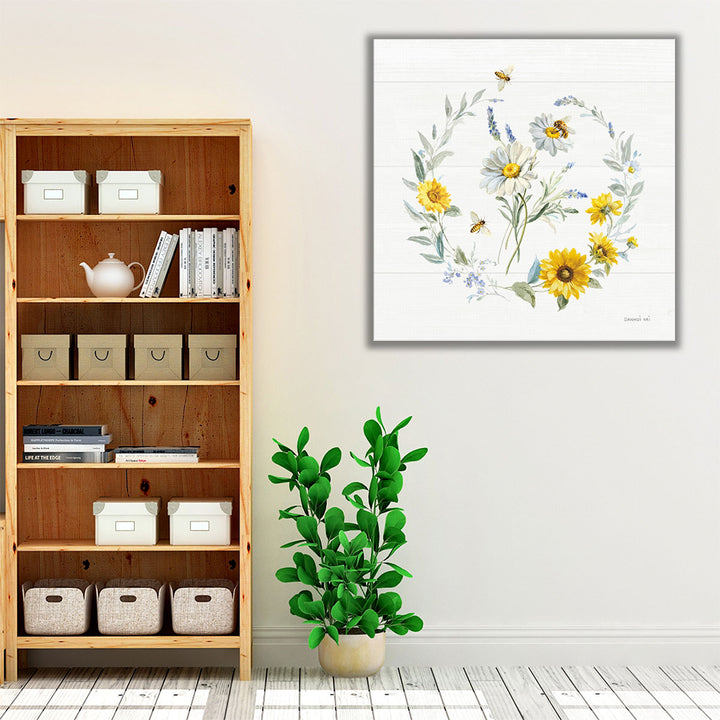 Bees and Blooms Flowers II with Wreath - Canvas Print Wall Art