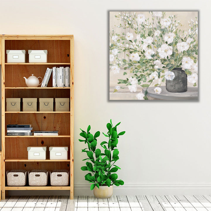 White Bouquet Gray Vase - Canvas Print Wall Art