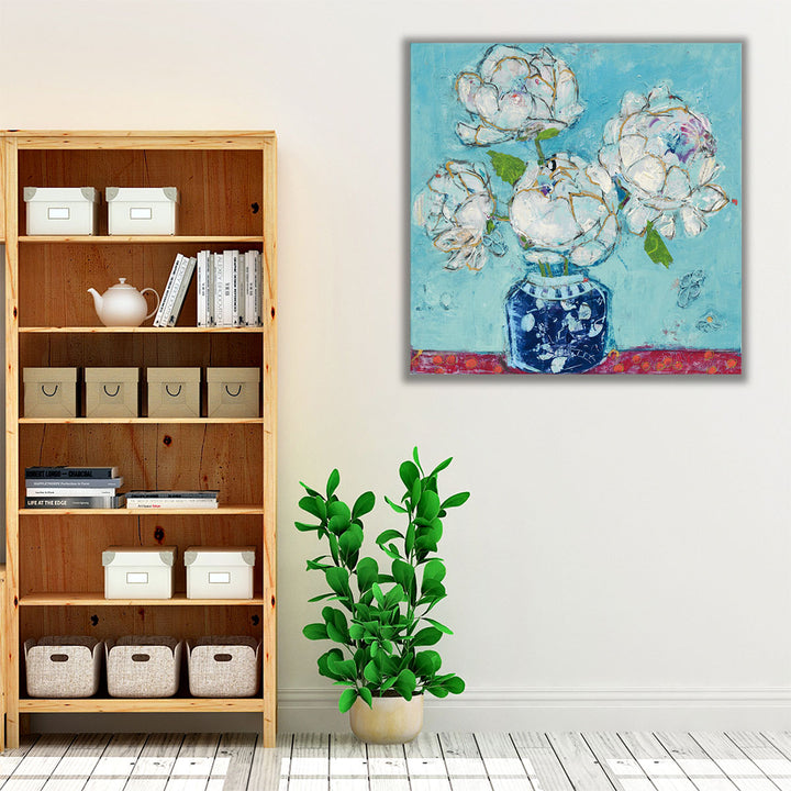 Vase of Peonies Aqua - Canvas Print Wall Art