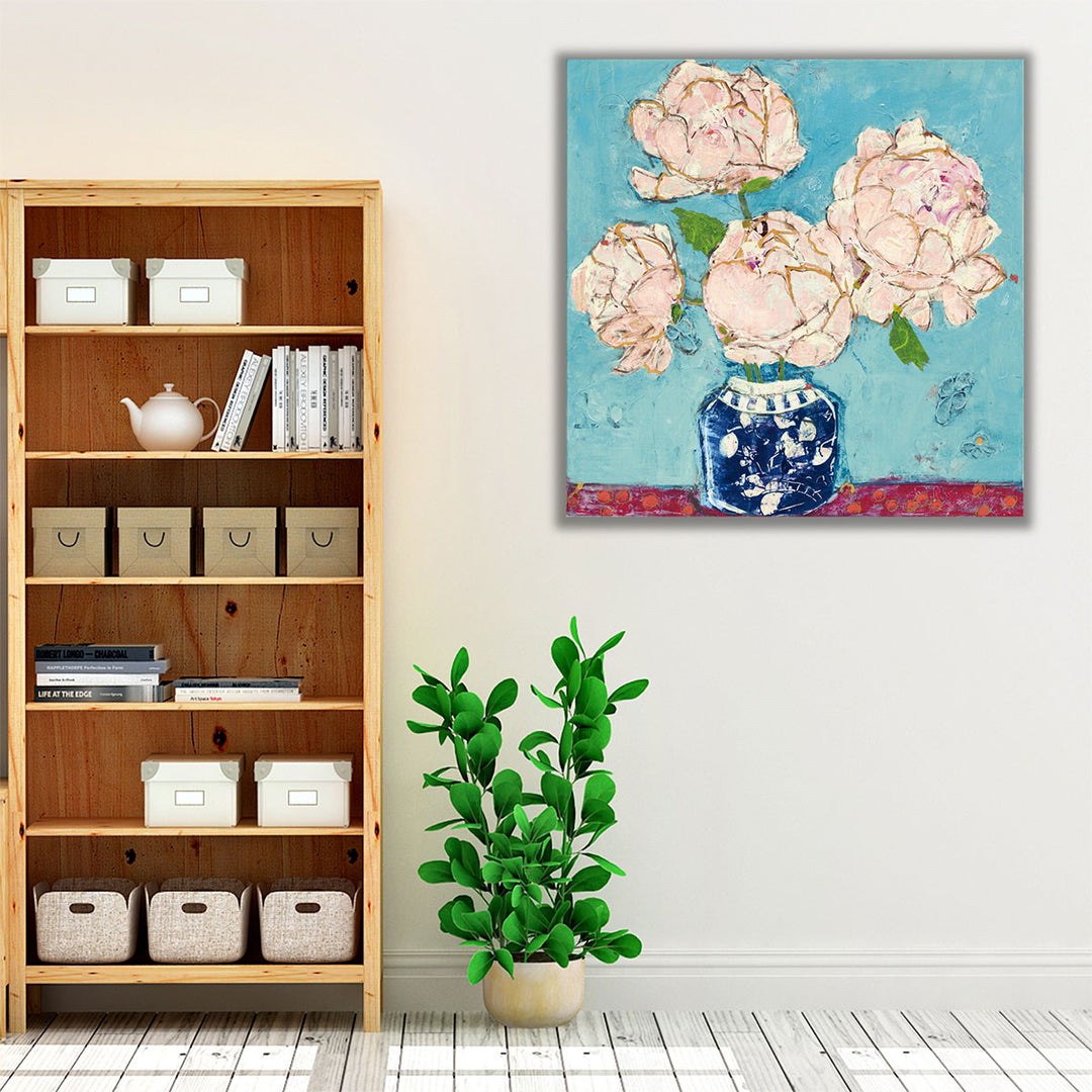 Vase of Peonies Aqua Coral - Canvas Print Wall Art