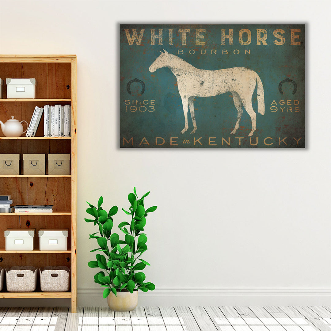 White Horse with Words Blue - Canvas Print Wall Art