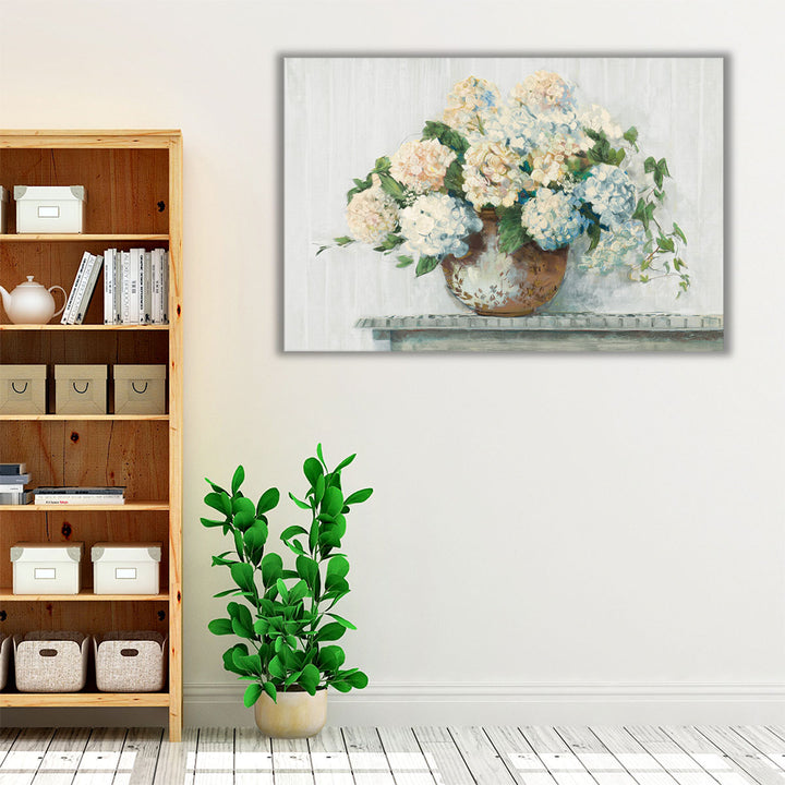 White Hydrangea Cottage - Canvas Print Wall Art