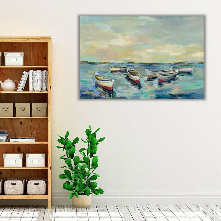 Coastal View of Boats - Canvas Print Wall Art