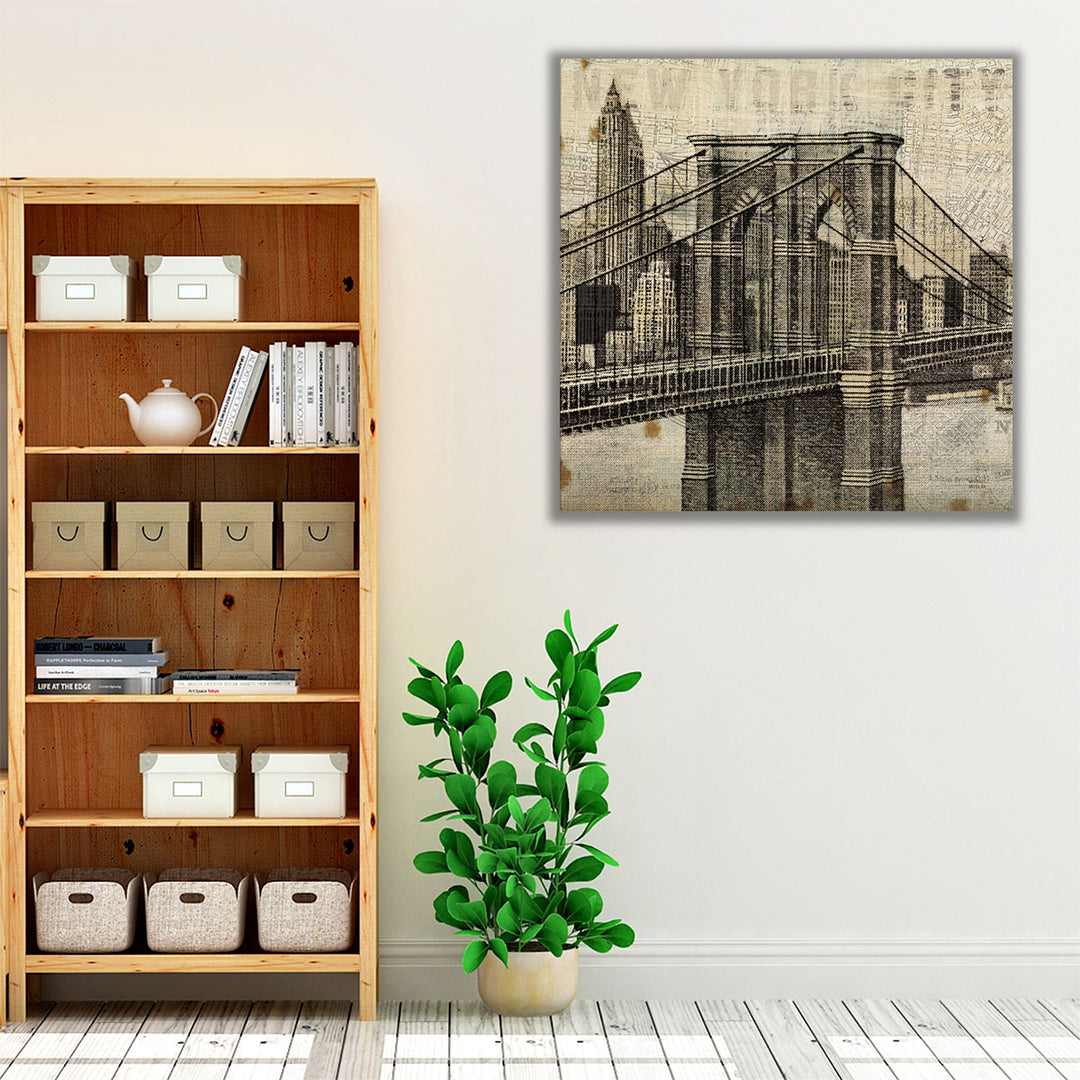 Vintage NY Brooklyn Bridge Skyline II - Canvas Print Wall Art