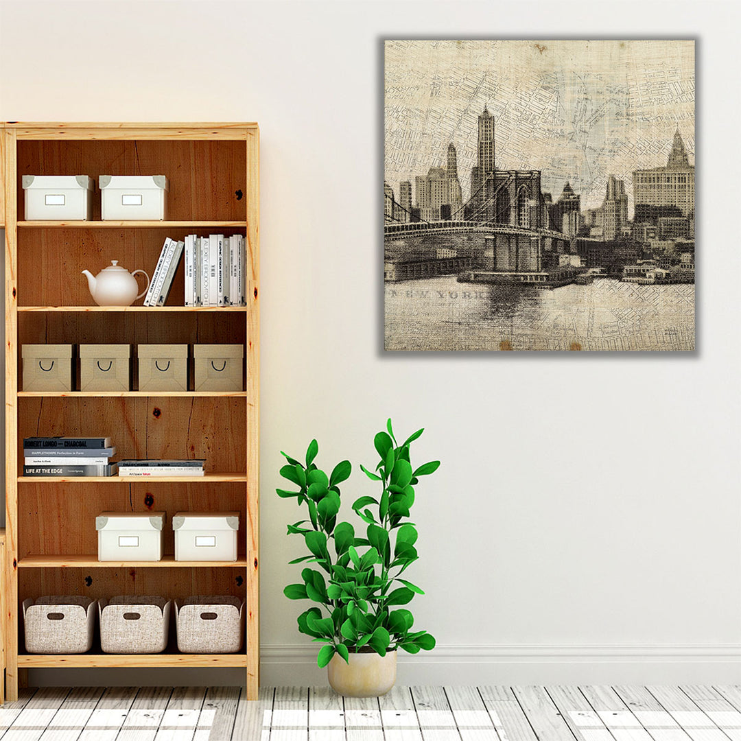 Vintage NY Brooklyn Bridge Skyline III - Canvas Print Wall Art