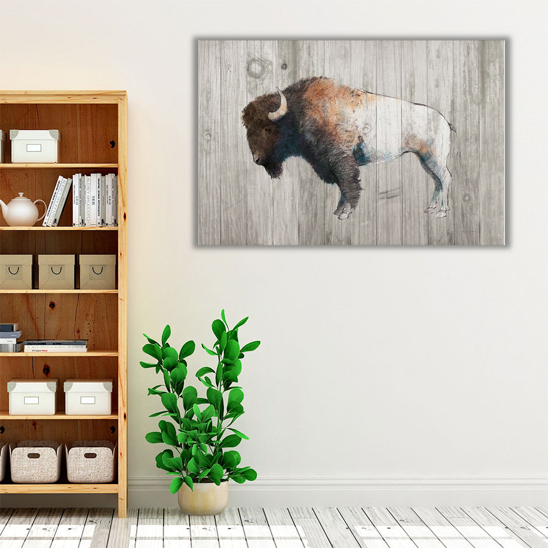 Colorful Bison Dark Brown on Wood - Canvas Print Wall Art