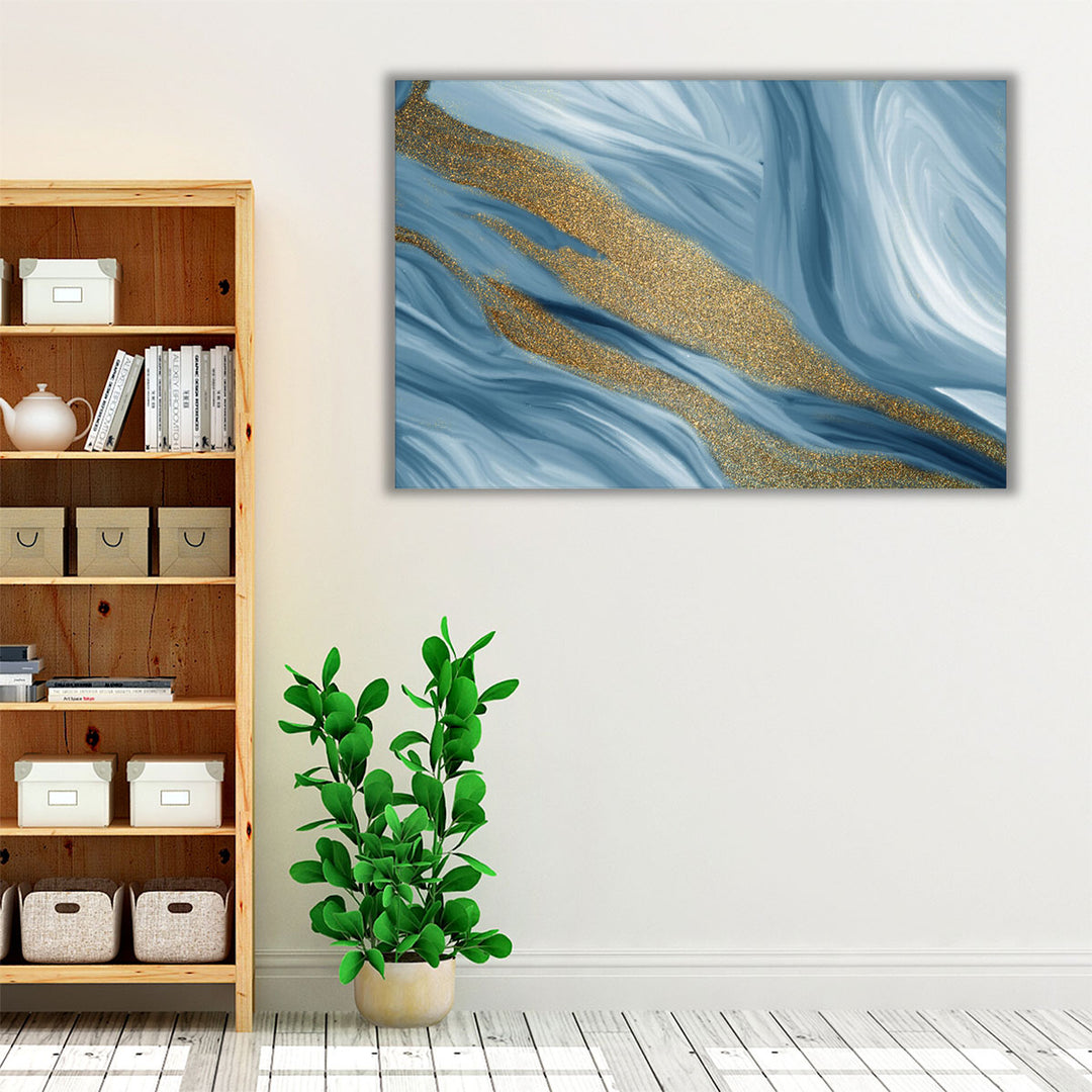 Blue Abstract Art, Modern Marble Wall Decor, Large Prints for Living Room  | Blue Waves Of Gold