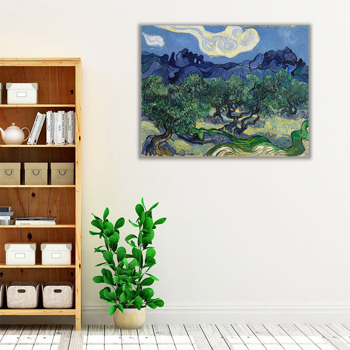 Scenic wall art with green trees and blue hills