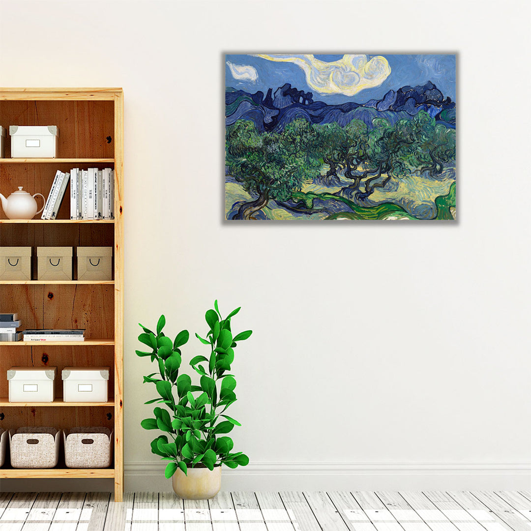 Scenic wall art with green trees and blue hills