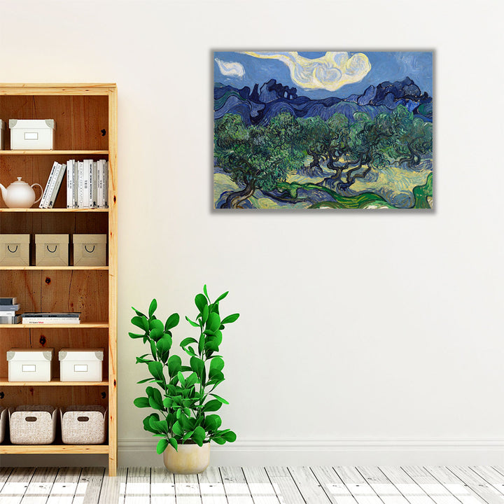 Scenic wall art with green trees and blue hills