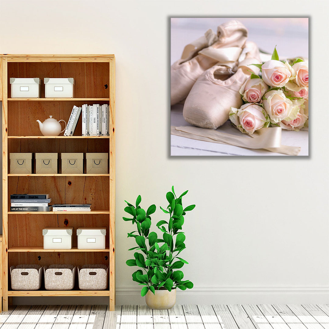 Ballet Slippers with Bunch of Roses on the Floor - Canvas Print Wall Art