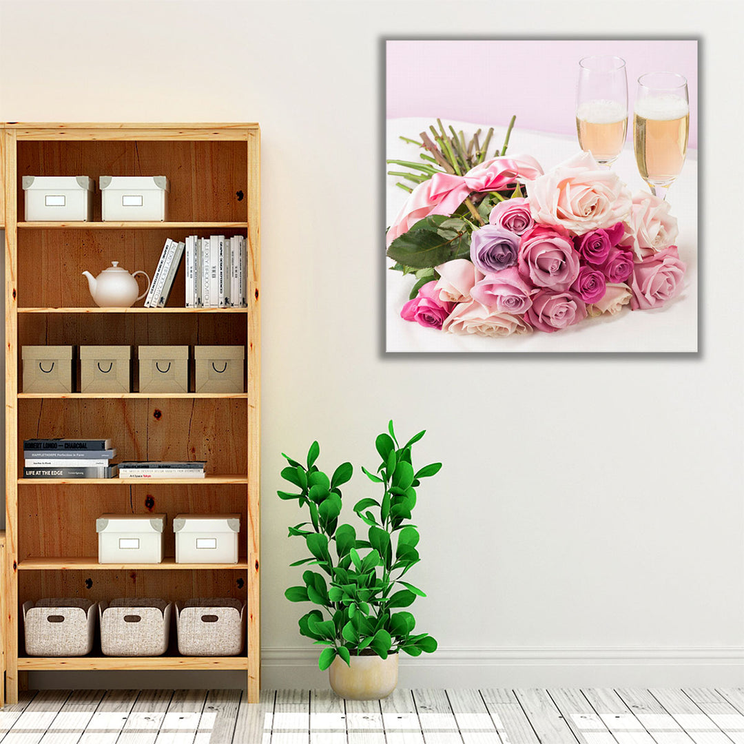 Bouquet of Roses with Champagne Glasses - Canvas Print Wall Art