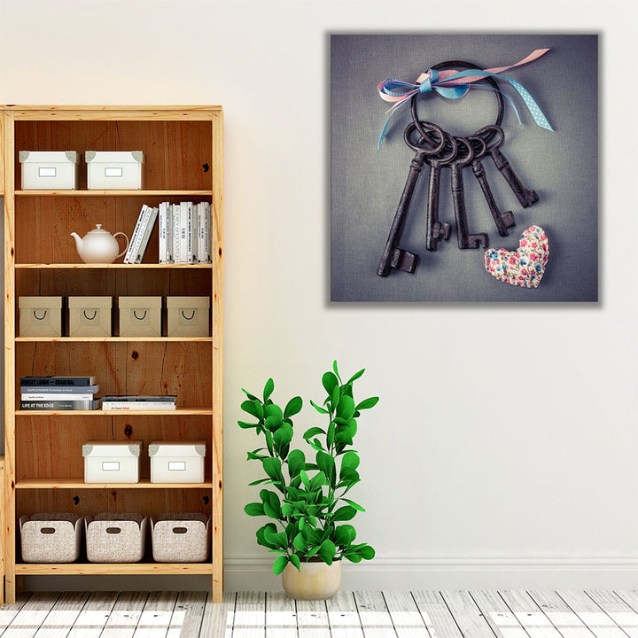 Old Keys with Ribbons and a Heart - Canvas Print Wall Art