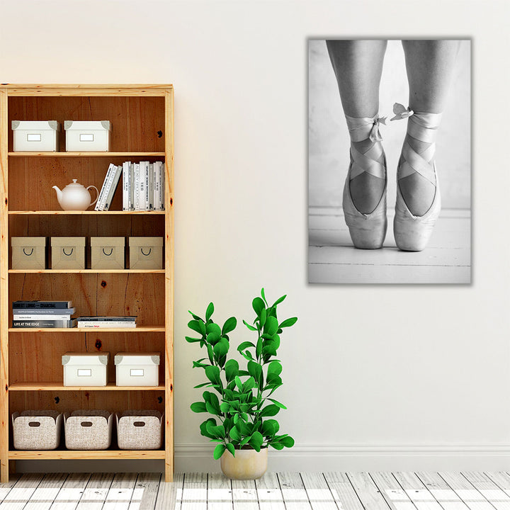 Close-up of a Ballerina Standing on Tiptoe Black and White - Canvas Print Wall Art