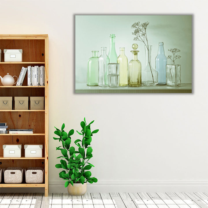 Antique Bottles in a row 2 - Canvas Print Wall Art