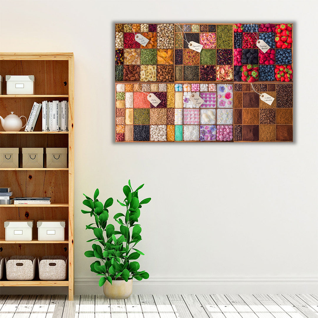 Collage of Food Ingredients in Wooden Boxes - Canvas Print Wall Art