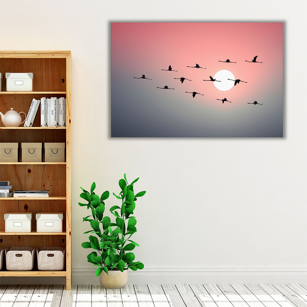 Flock of Flamingos Flying in Sky during Sunset - Canvas Print Wall Art