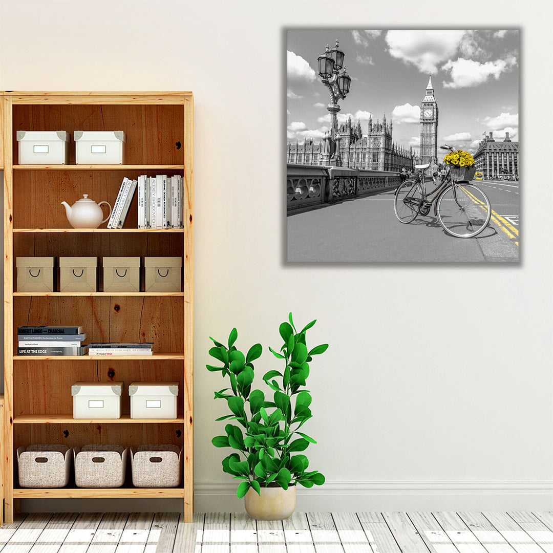 Bicycle with Bunch of Flowers on Westminster Bridge - Canvas Print Wall Art