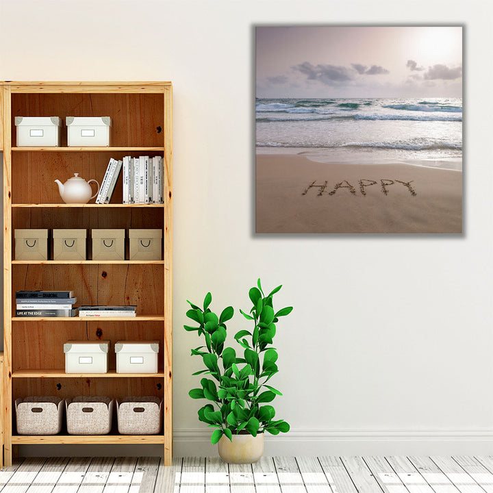 Happy Written on Beach - Canvas Print Wall Art