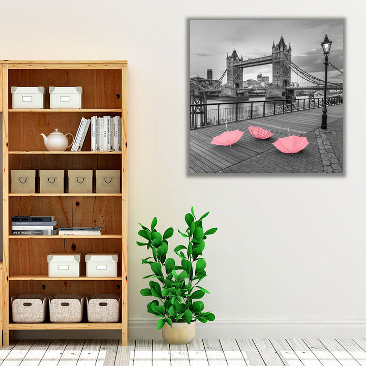 Pink Umbrellas at Tower Bridge - Canvas Print Wall Art