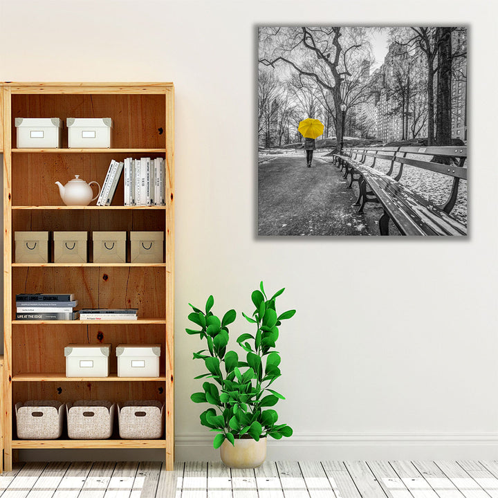 Tourist on Pathway with Yellow Umbrella at Central park, New York - Canvas Print Wall Art