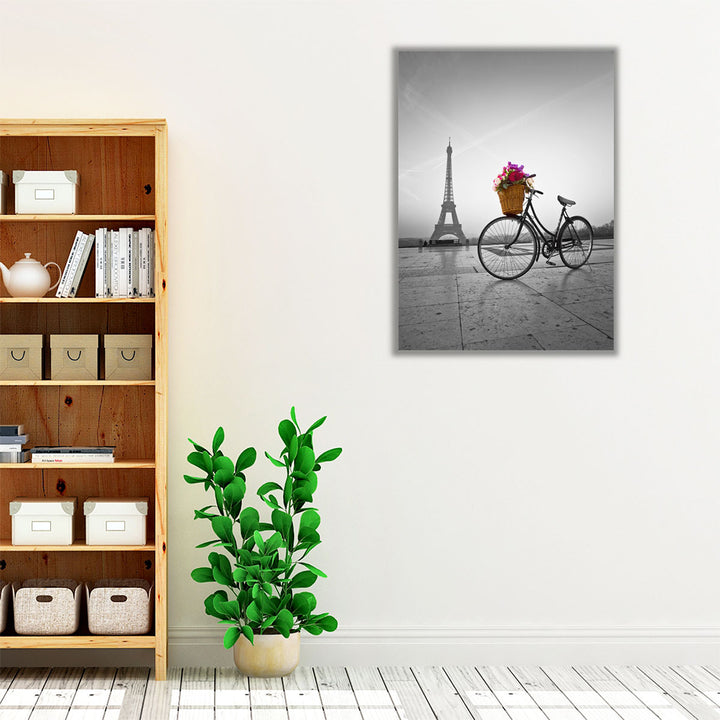 Bicycle With A Basket Of Flowers Next To The Eiffel Tower - Canvas Print Wall Art