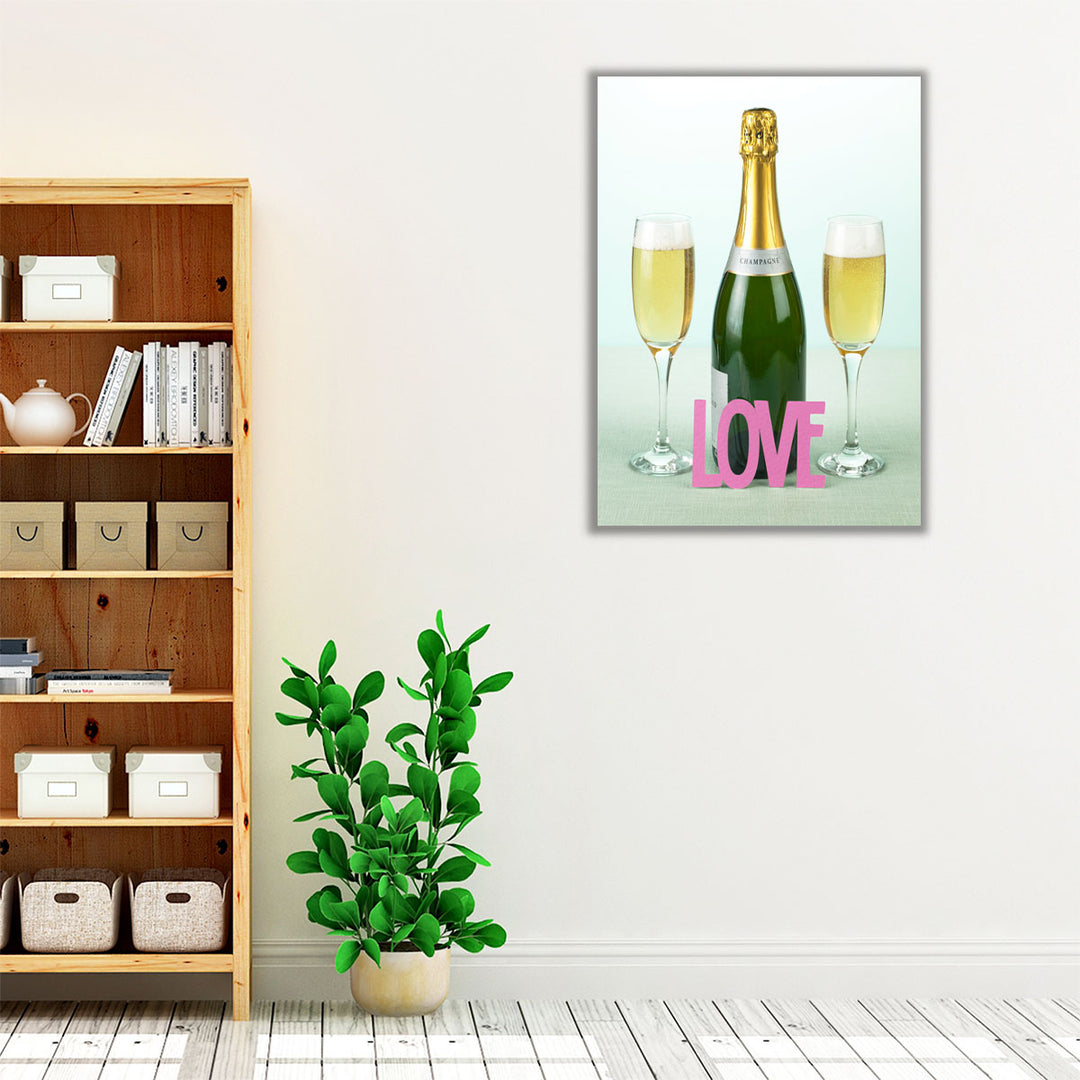 Champagne Bottle And Glasses With The Letters Love - Canvas Print Wall Art