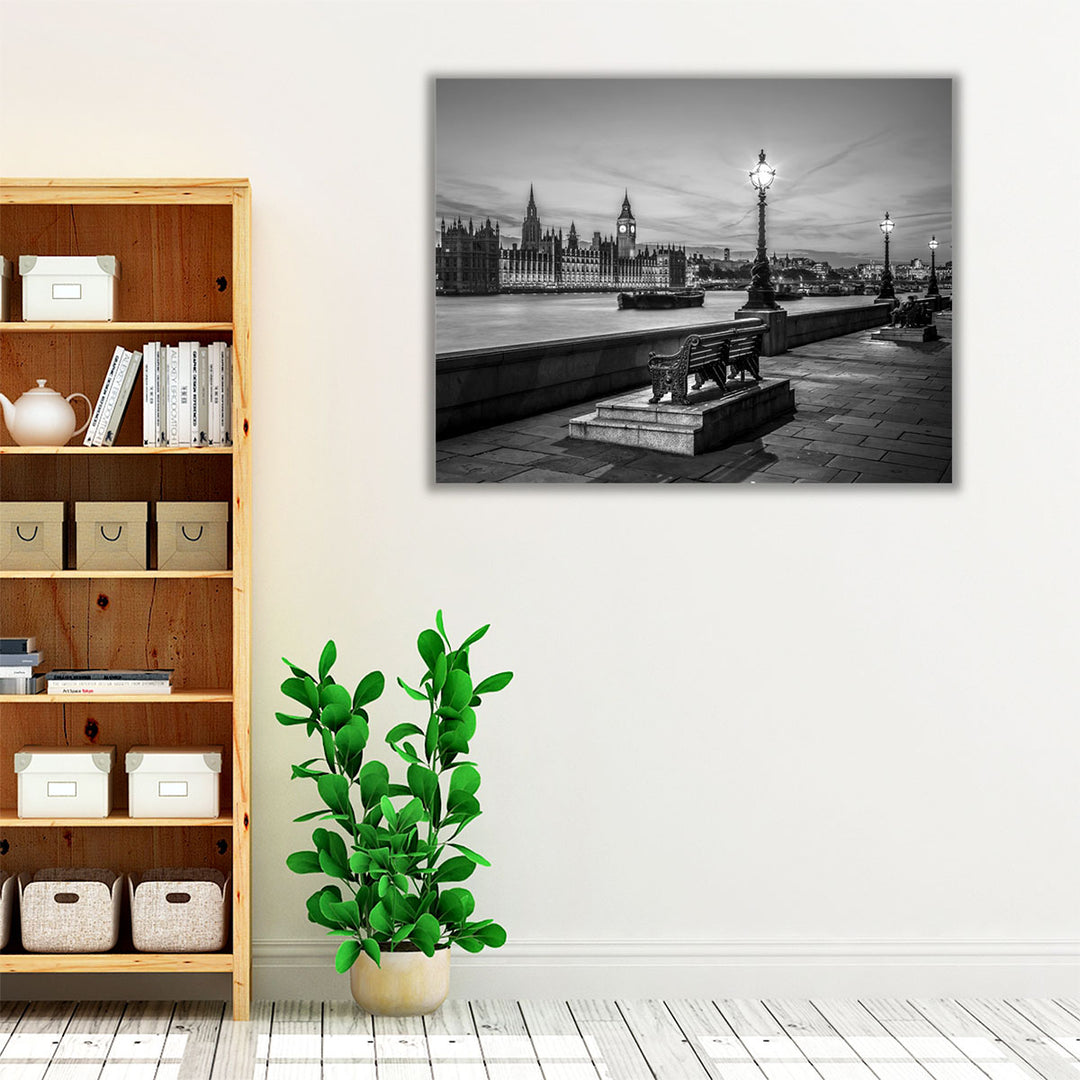 Benches By The Walkway Next To The River Thames, London Black And White - Canvas Print Wall Art