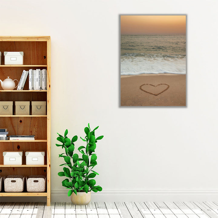 Heart Shape drawn On Beach - Canvas Print Wall Art