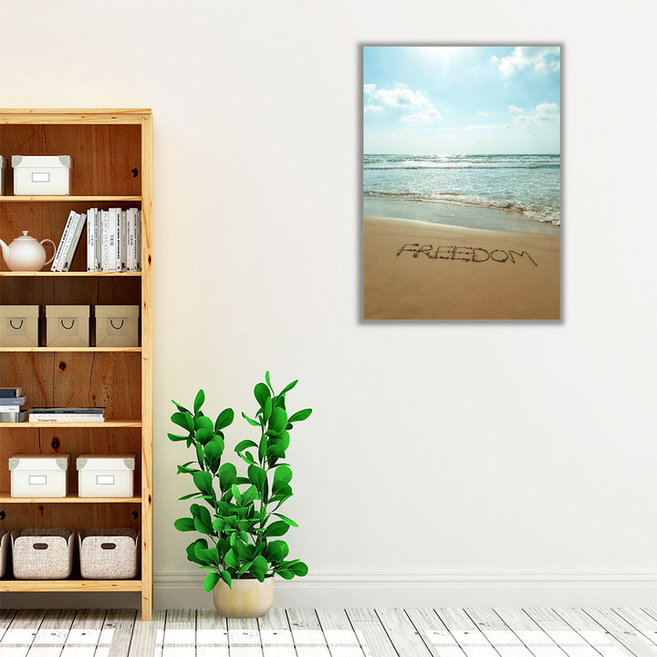 Word Freedom Written In Sand - Canvas Print Wall Art