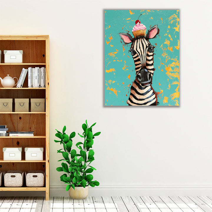 Zebra With Cherry Cupcake - Canvas Print Wall Art
