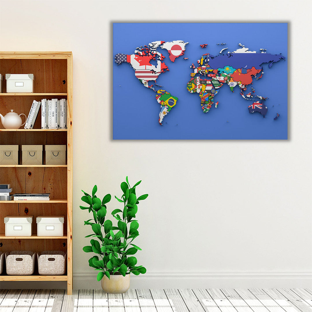 World Map With Country Flags - Canvas Print Wall Art