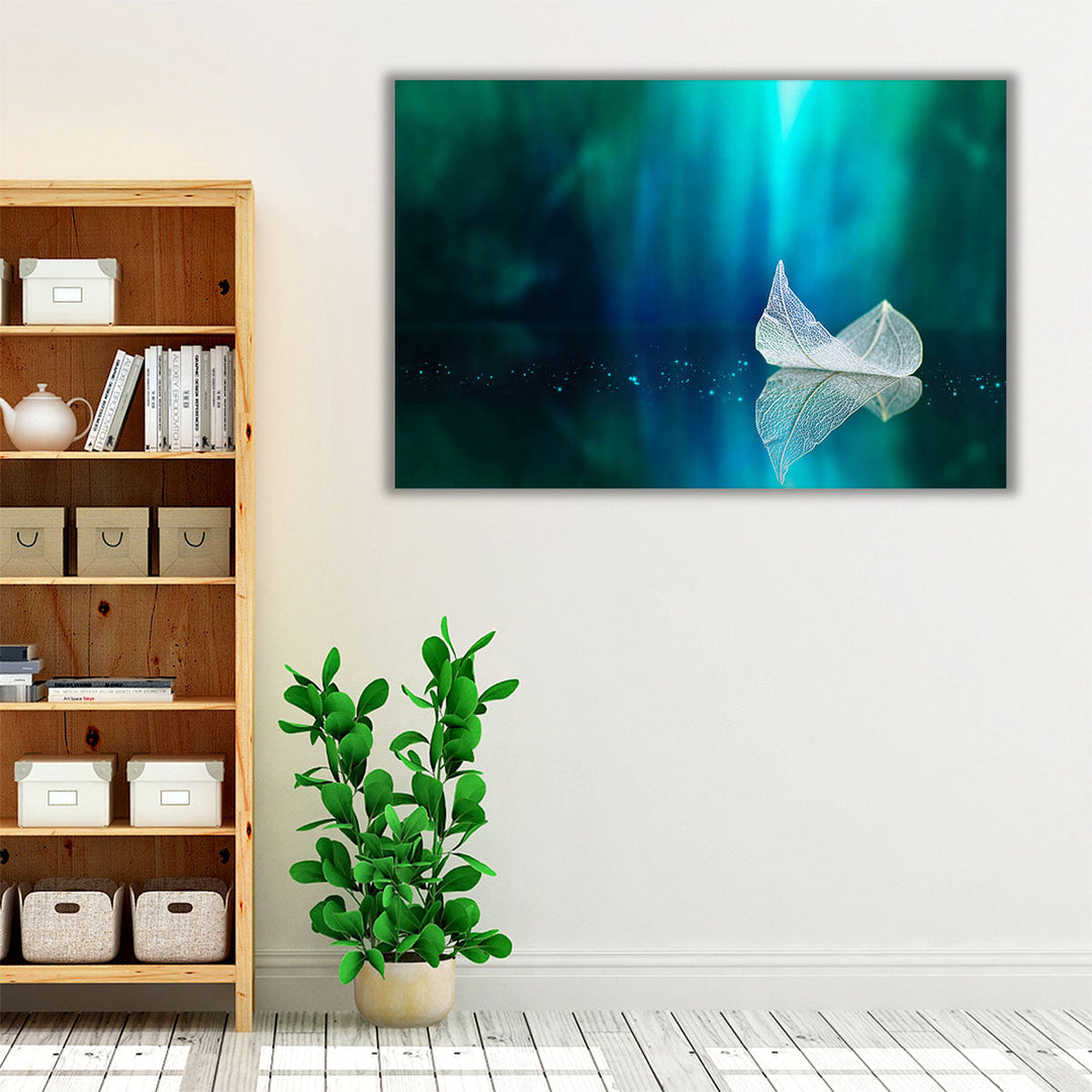 Refection of a Leaf With Turquoise Background - Canvas Print Wall Art