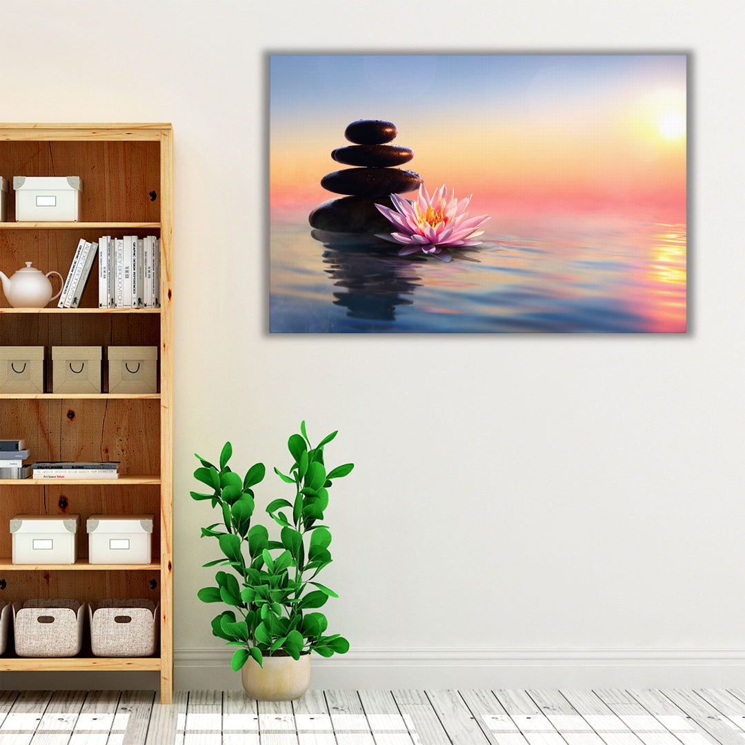 Zen Concept - Spa Stones And Waterlily In A Lake At Sunset - Canvas Print Wall Art