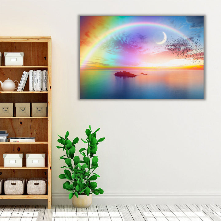 Beautiful Landscape With Rainbow, Sea and Birds - Canvas Print Wall Art