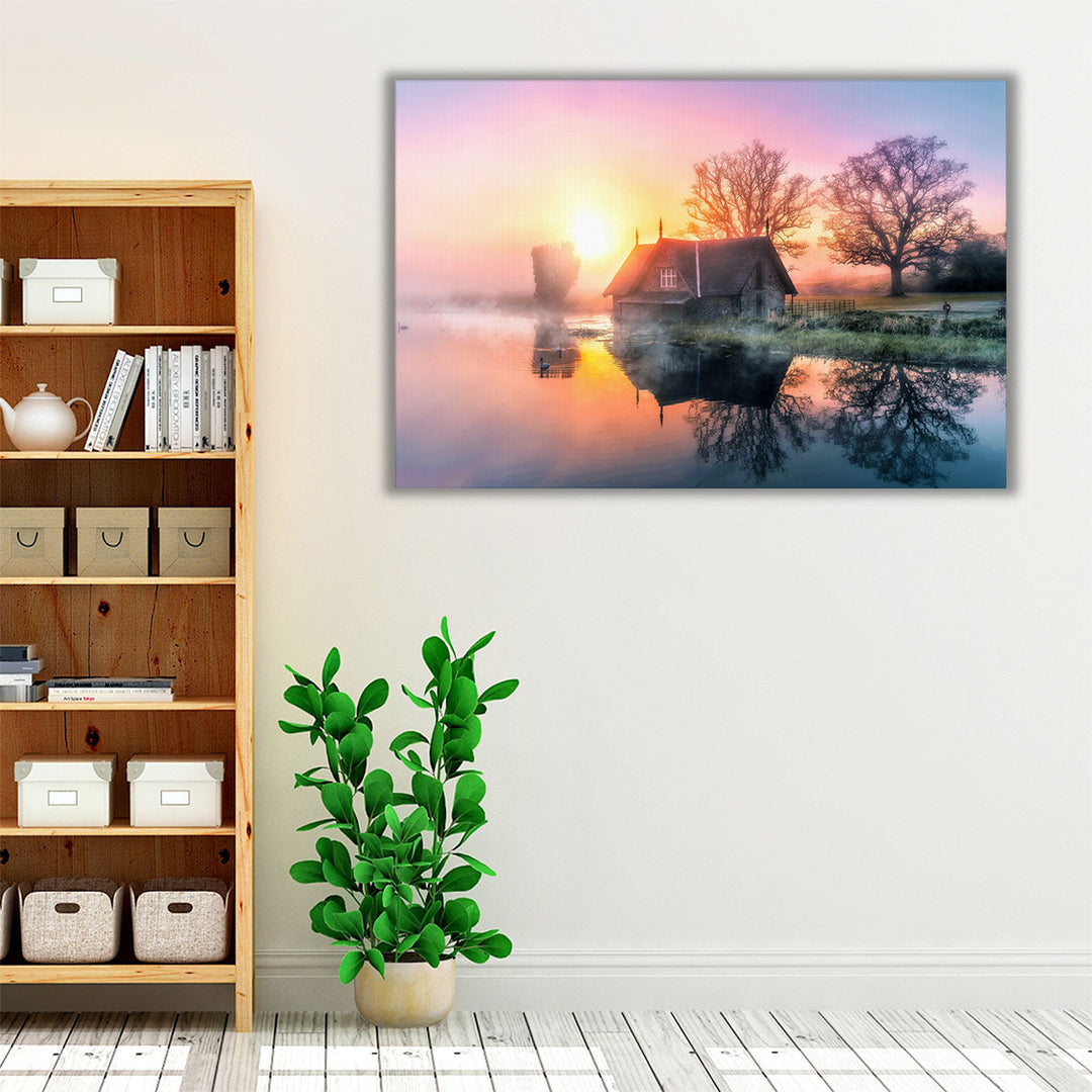 Foggy Lake House in Early Morning During Sunrise - Canvas Print Wall Art