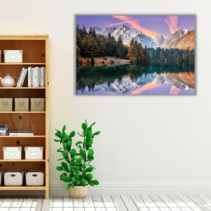 Autumn Landscape During Sunset At The Fusine Lake - Canvas Print Wall Art