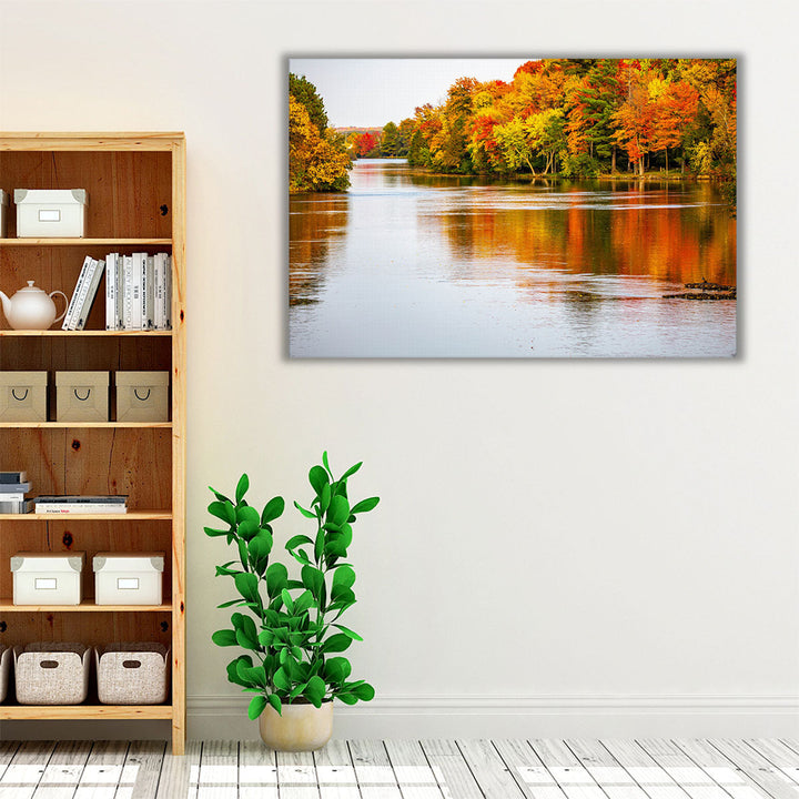 Colorful Autumn Trees Reflecting off of the Wisconsin River in Merrill - Canvas Print Wall Art