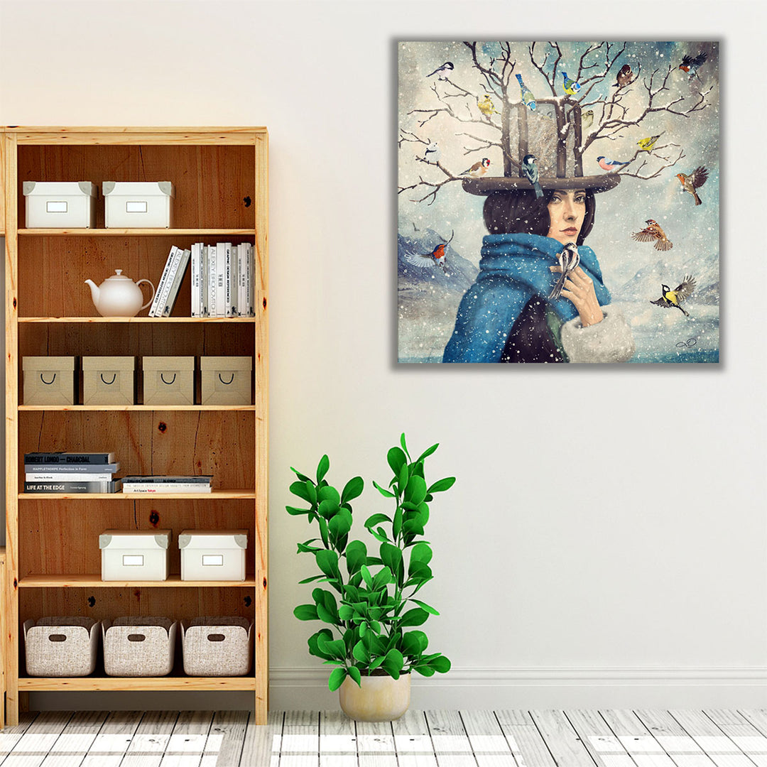 The Lady With The Bird Feeder Hat - Canvas Print Wall Art