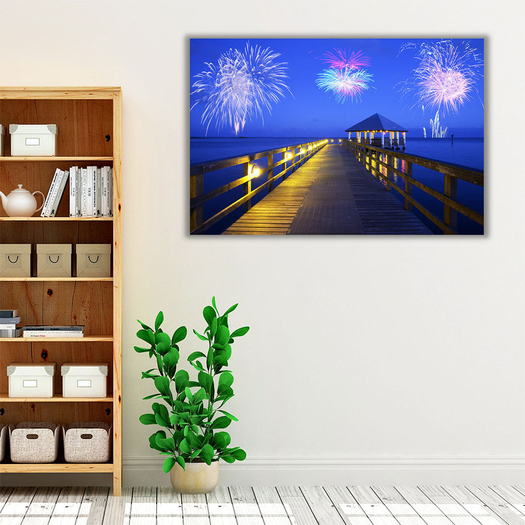 Fireworks Over Apalachicola Sea, Florida - Canvas Print Wall Art