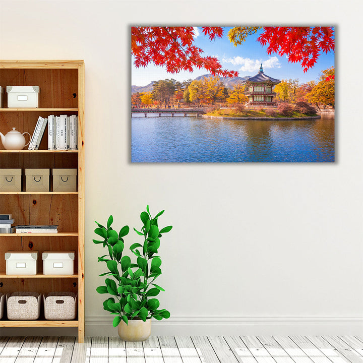 Gyeongbokgung Palace with Maple Leaves, Seoul, South Korea - Canvas Print Wall Art